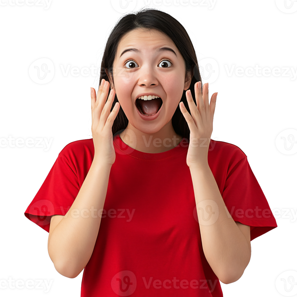 Woman in red top looking both amazed and happy png