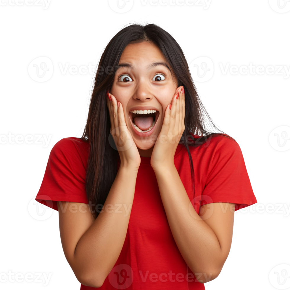 Astonished lady in red reacting playfully png