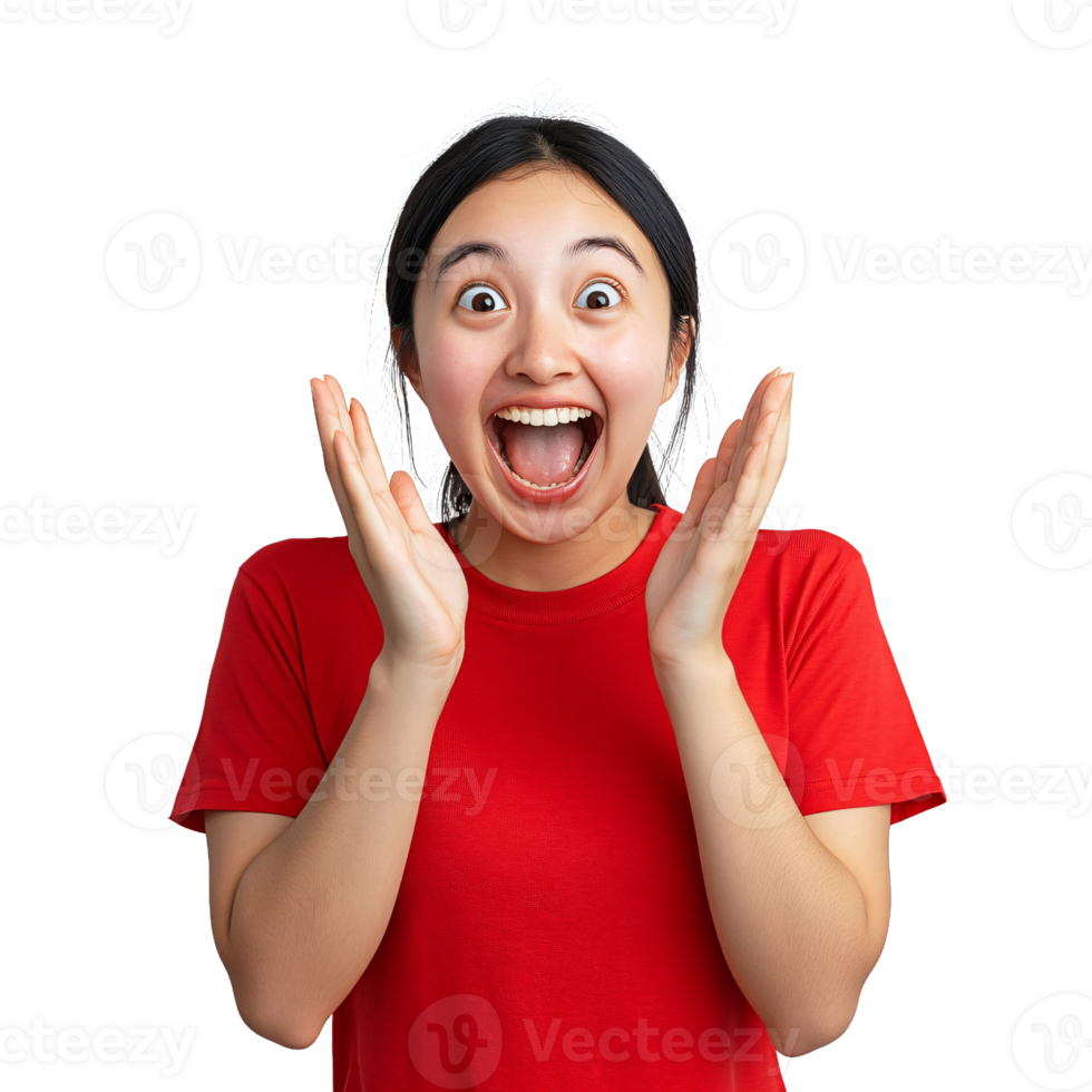 Woman in red looking amazed and joyful png