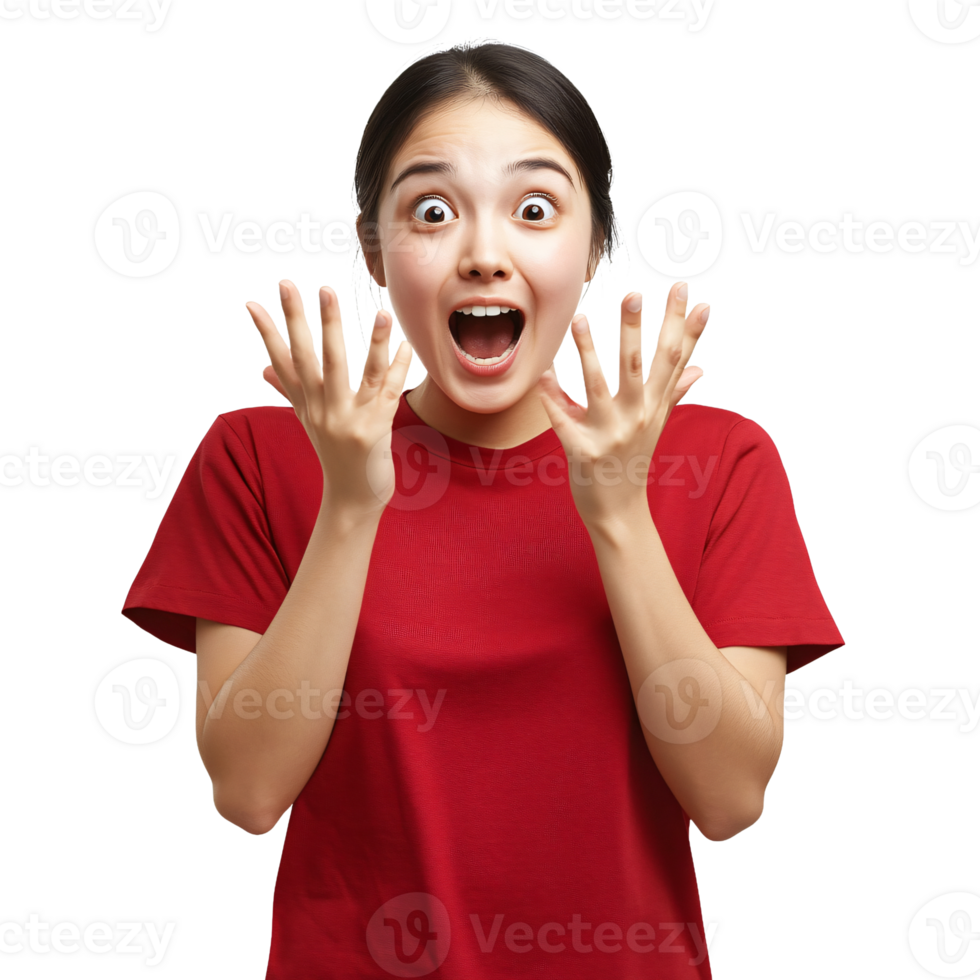 Excited woman in a red blouse with hands up png