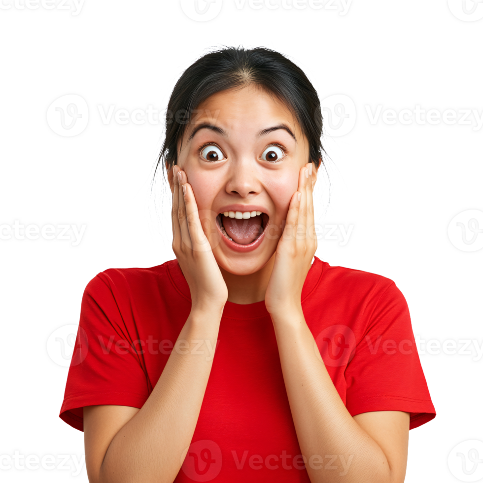 Young lady in red showing amazement png
