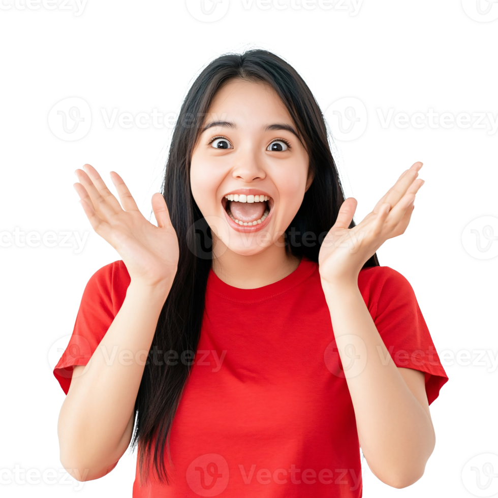 Woman in red appearing stunned png
