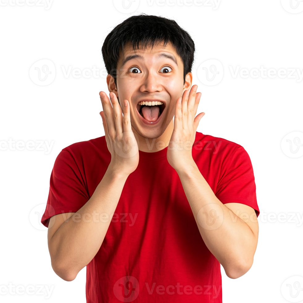 Enthusiastic woman in a red shirt reacting png