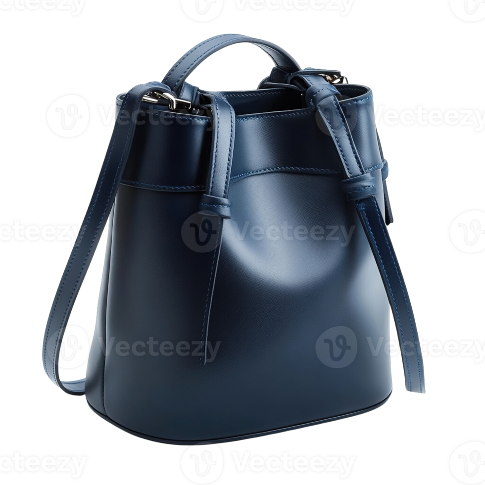 Luxury Leather Bucket Bag in Navy Blue Isolated on Transparent Background png