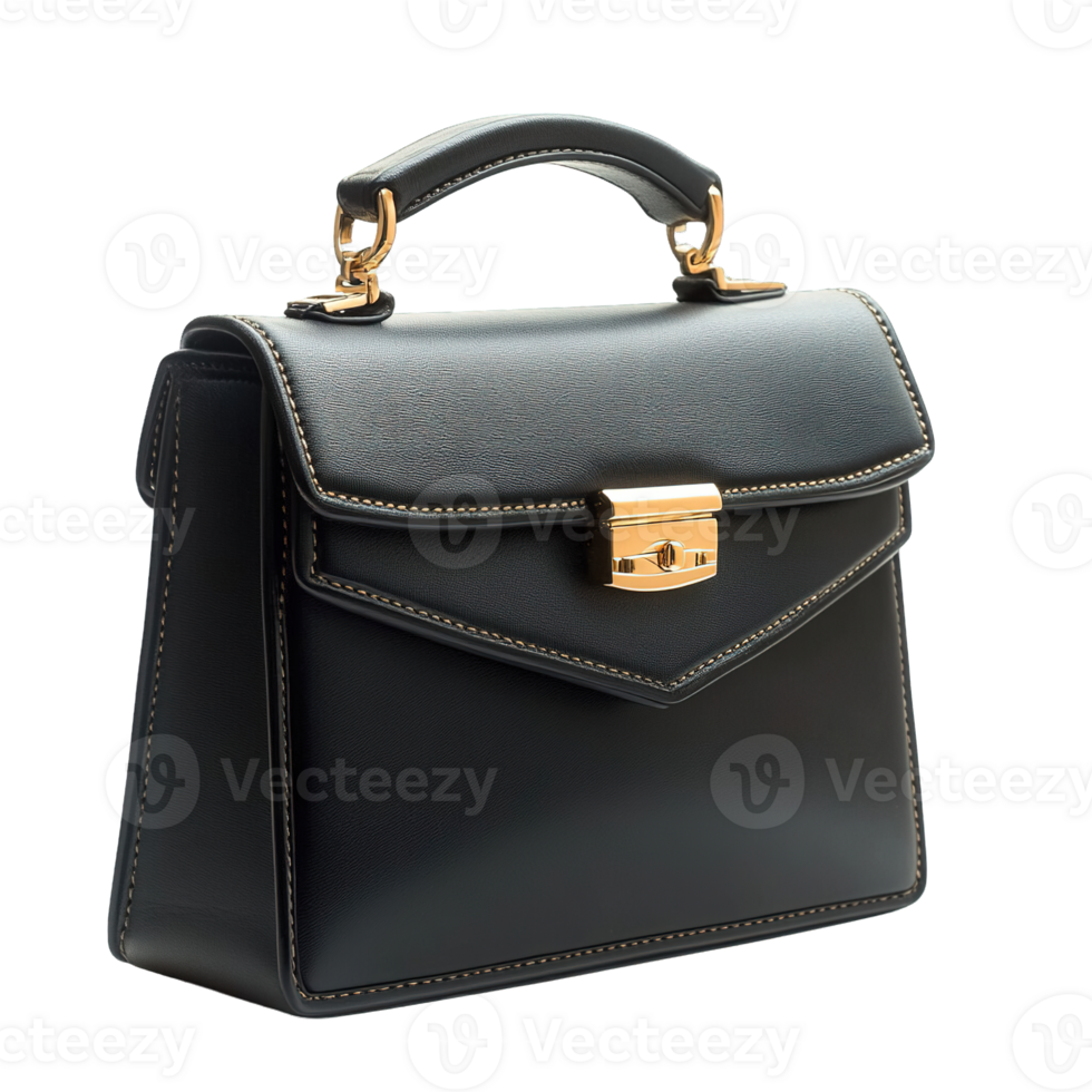 Classic Black Leather Top Handle Bag with Gold Lock Isolated on Transparent Background png