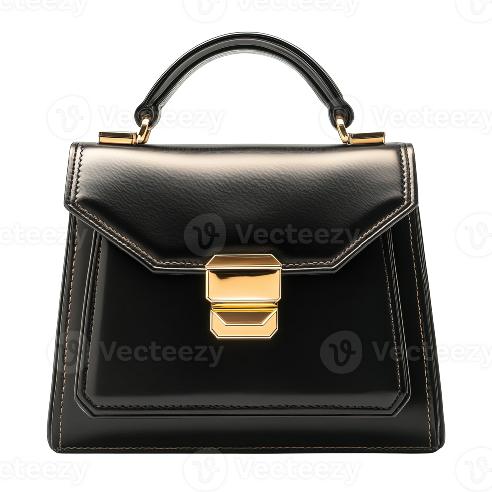 Modern Black Leather Purse with Gold Lock Isolated on Transparent Background png