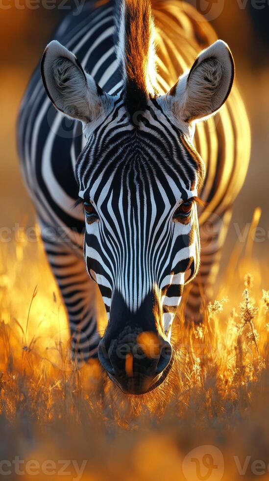Striking zebra walks through golden grass during sunset in savannah landscape photo