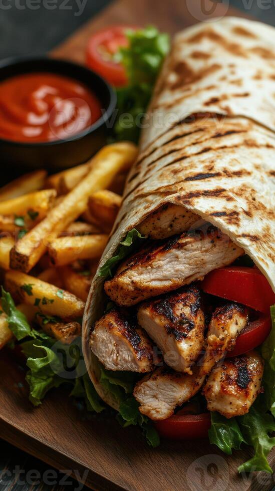 Grilled chicken wrap served with crispy fries and dipping sauce on a wooden platter in a cozy setting photo