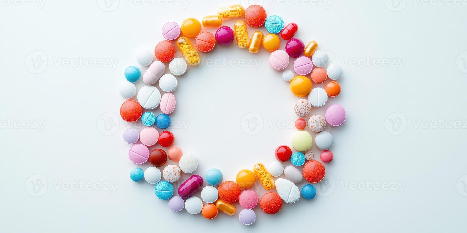 Colorful arrangement of various pills and tablets forming a circular pattern on a light background photo
