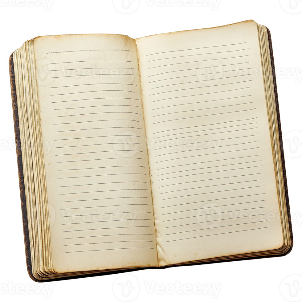 Aged and Worn Open Notebook with Lined Pages Isolated on Transparent Background png