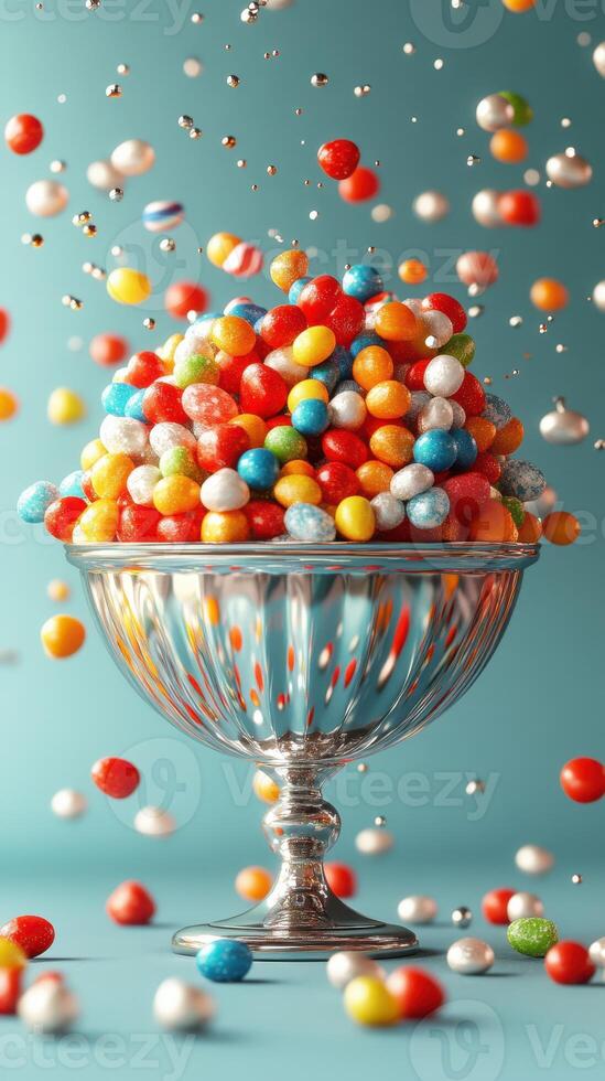 Colorful candies create a vibrant display in a shiny bowl against a bright blue background photo