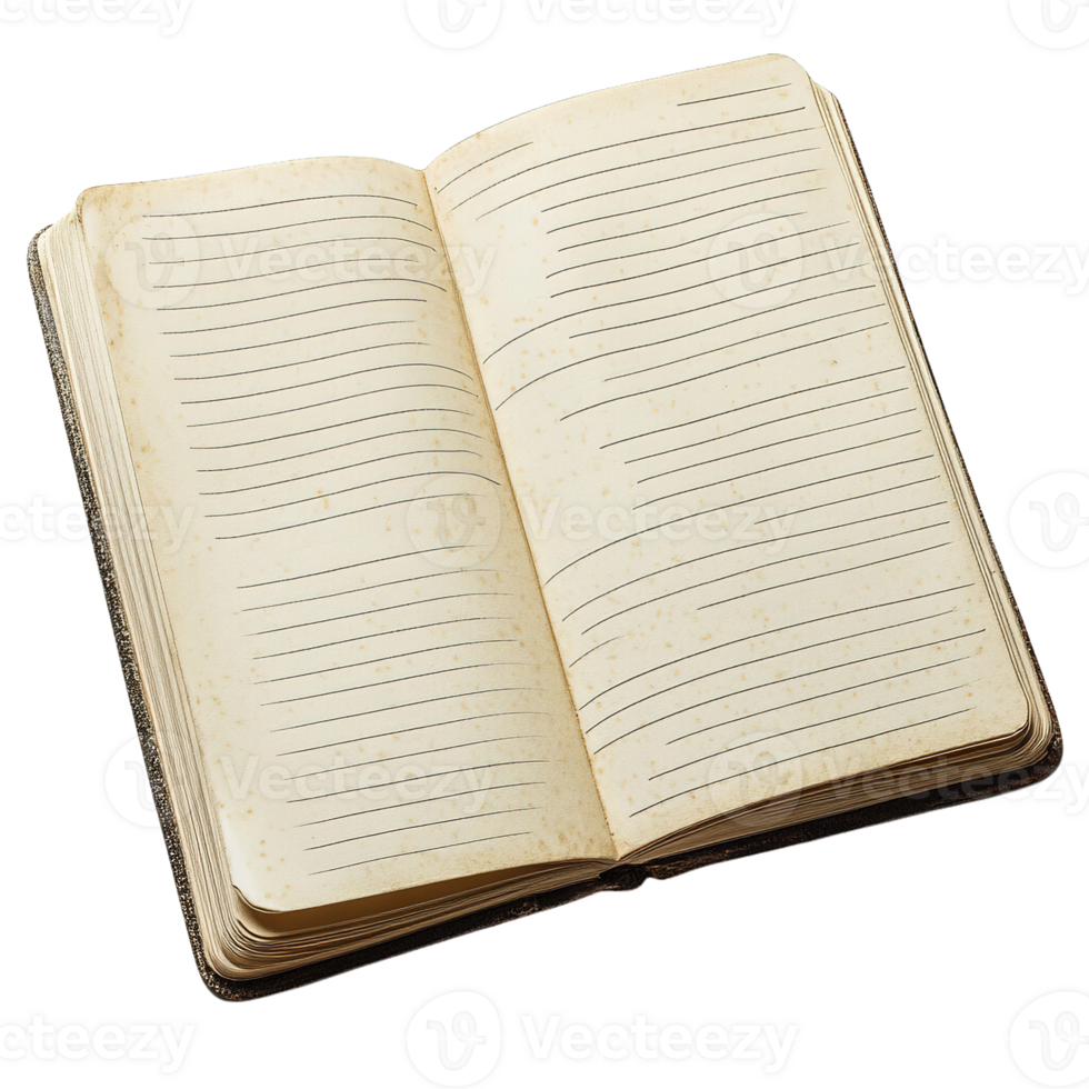 Old Open Book with Lined Paper Featuring Aged and Torn Pages Isolated on Transparent Background png