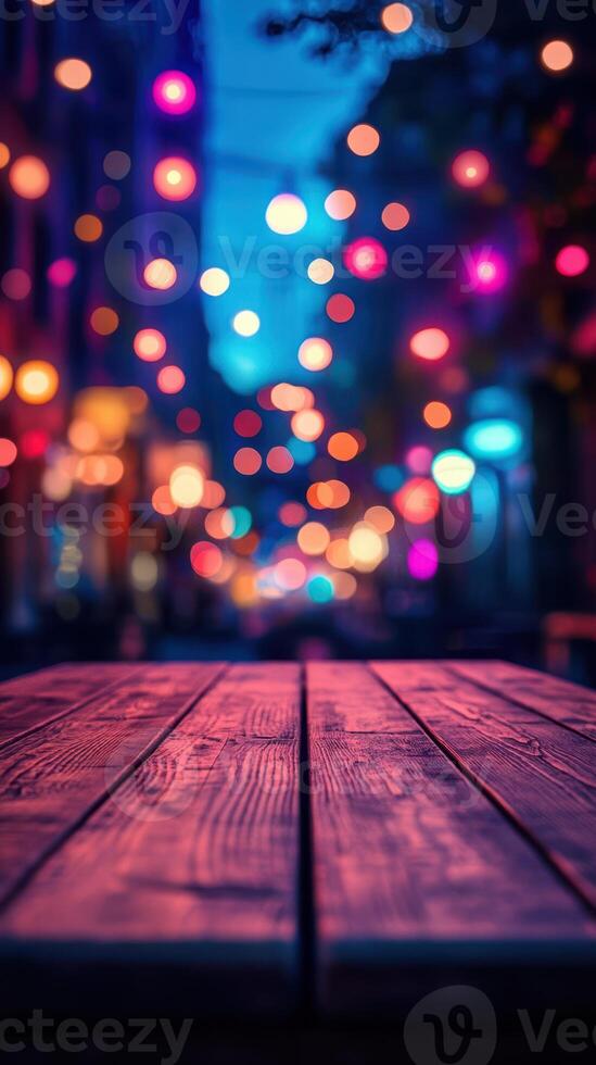 Cozy outdoor table with illuminated bokeh lights in an evening setting, inviting a warm atmosphere for gatherings photo