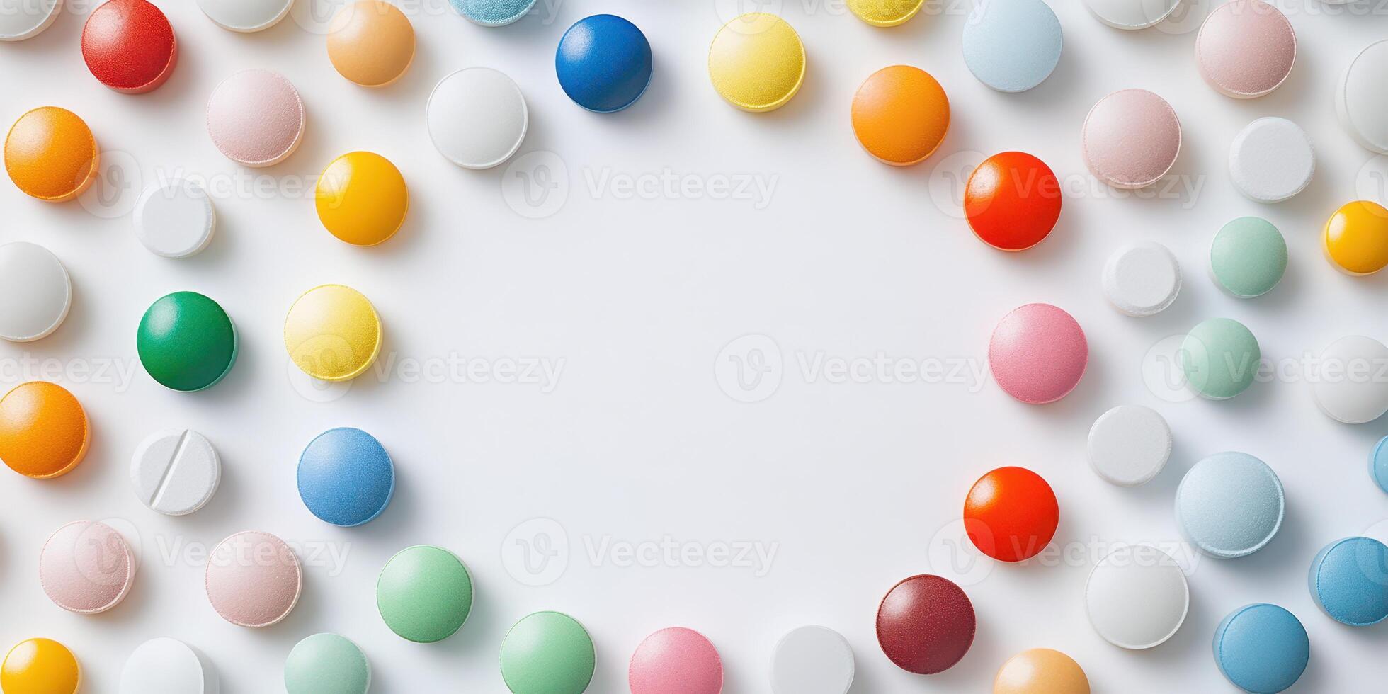 Colorful array of circular tablets displayed in a circular pattern on a white surface photo