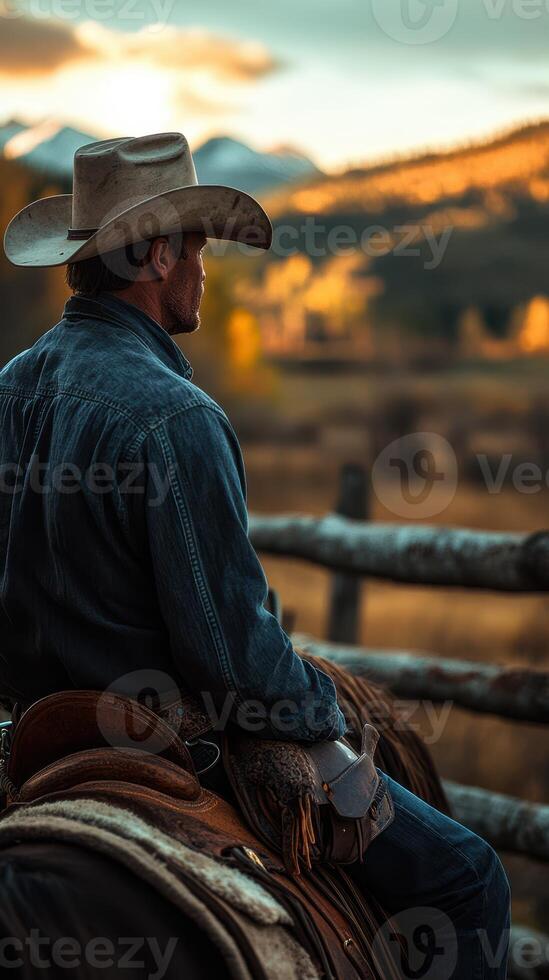 Cowboy overlooking a scenic landscape during golden hour in a rural setting photo