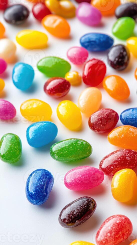 Colorful jelly beans scattered on a white background displaying a variety of vibrant hues and shapes in bright daylight photo