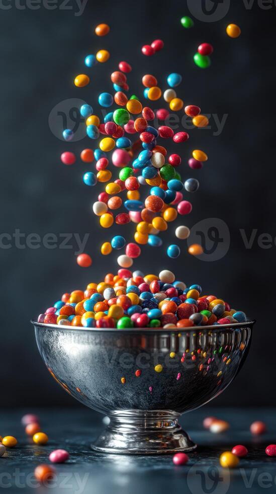 Colorful candies tumble into a shiny bowl creating a vibrant display in a cozy kitchen setting photo