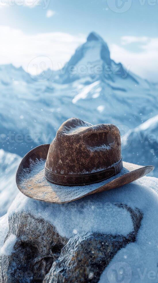 Snowy mountain peak with a weathered cowboy hat resting on a rock under a clear blue sky photo