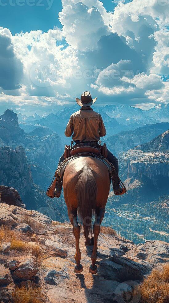 Cowboy riding horse on a mountain trail overlooking vast panoramic scenery during a clear day photo