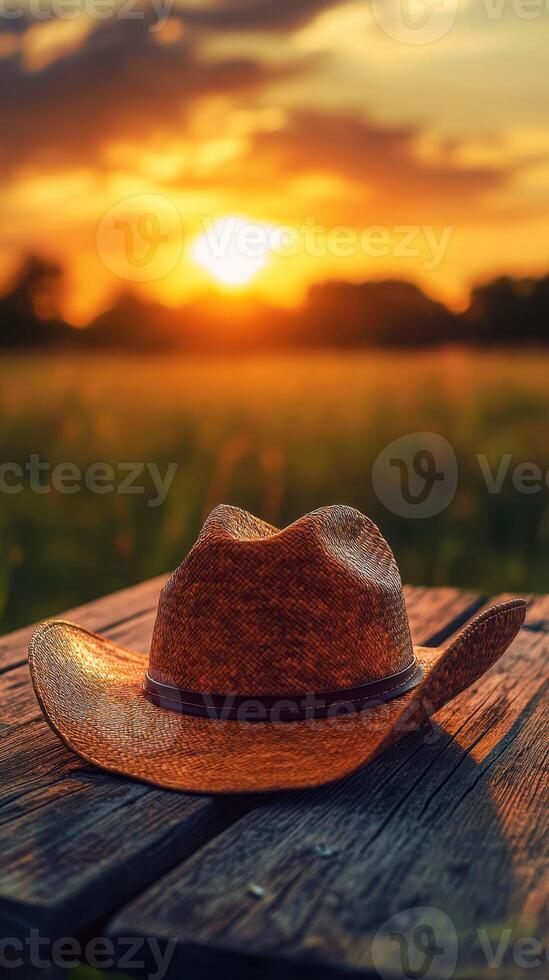 Sunset silhouette of a cowboy hat resting on a wooden table in a field photo