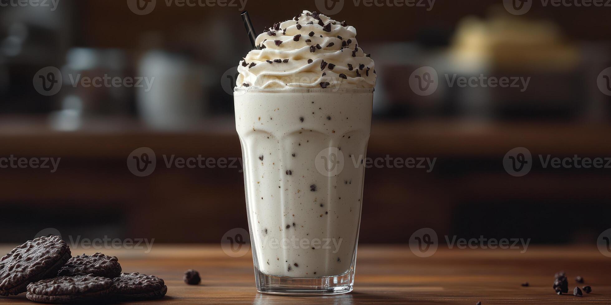 Creamy milkshake topped with whipped cream and chocolate sprinkles placed on a wooden table in a cozy cafe photo