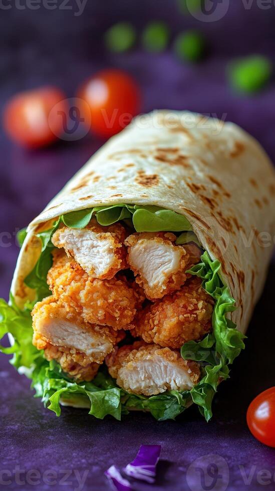 Crispy chicken wrap filled with fresh lettuce and tomatoes on a dark background photo