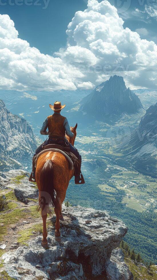 Cowboy riding a horse on a mountain overlook with a breathtaking valley view in nature's beauty photo