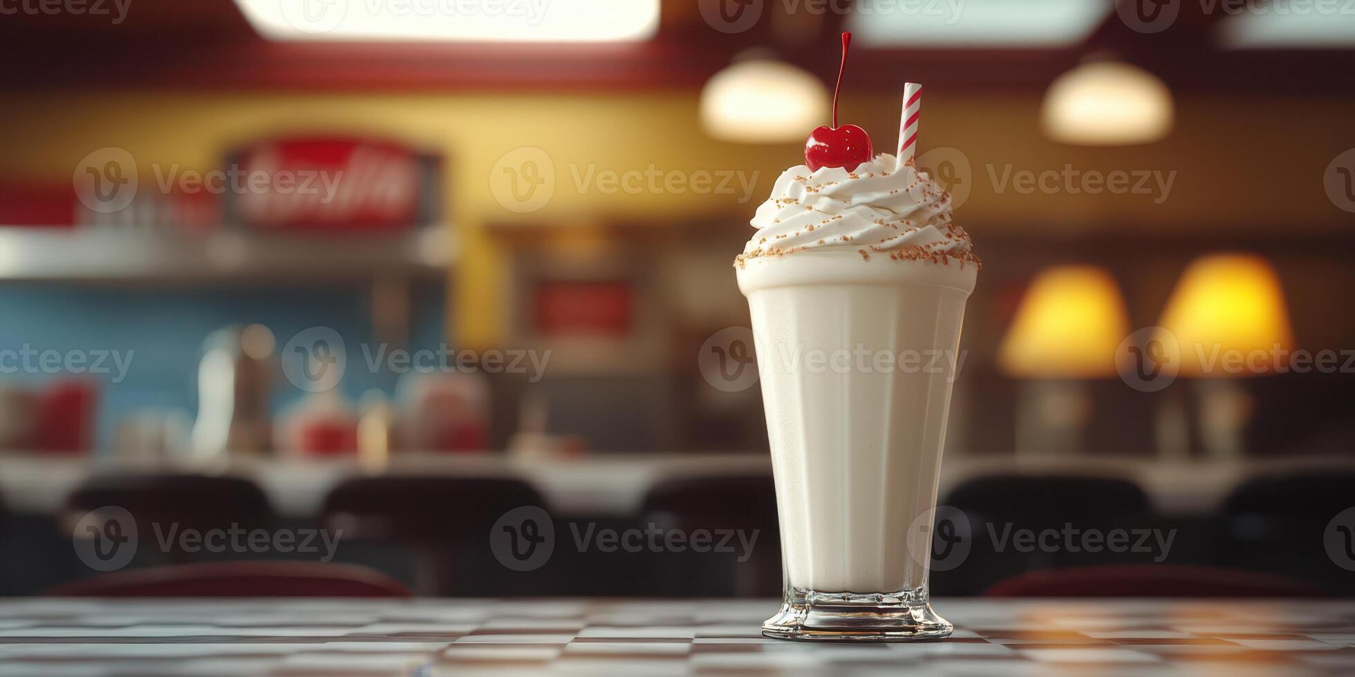 Delicious milkshake topped with whipped cream and cherry served in a retro diner ambiance photo