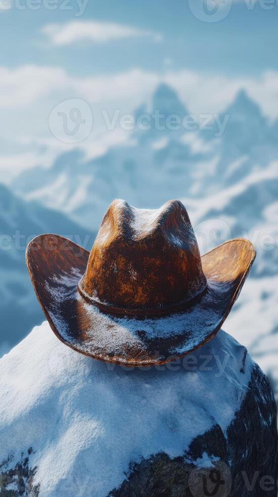 Western cowboy hat resting on a snowy mountain peak under a clear blue sky during winter photo