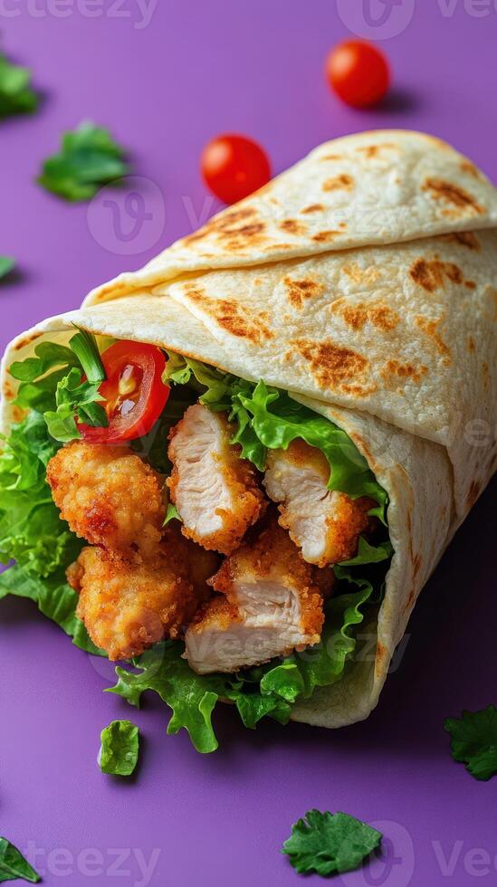 Delicious crispy chicken wrap filled with fresh greens, tomatoes, and sauce on vibrant purple background photo