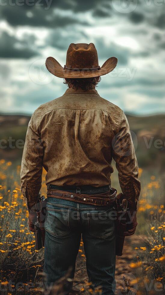 Cowboy standing in a wildflower field under a cloudy sky with a rugged mountain backdrop photo