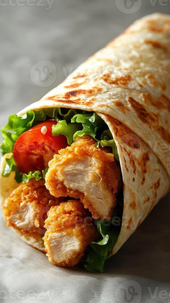 Delicious chicken wrap filled with crispy breaded chicken, fresh lettuce, and ripe tomatoes on a rustic surface photo