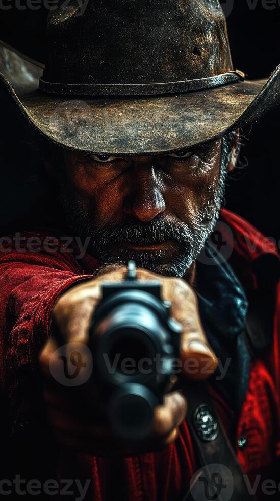 Intense standoff with a rugged cowboy aiming a firearm in the dim light of a western setting photo
