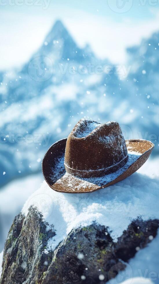 Cowboy hat rests on a snow-covered rock in a mountainous landscape during a winter day photo