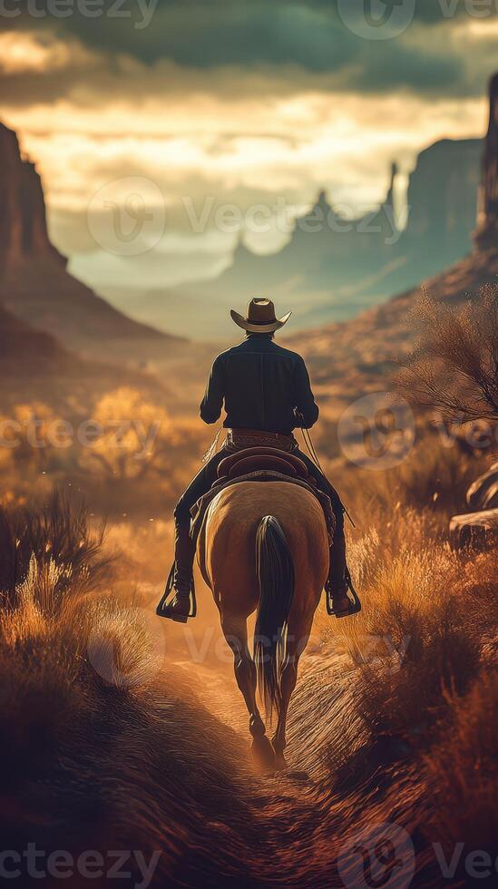 Cowboy riding horse through a dusty trail at sunset in a desert landscape with mountains in the background photo