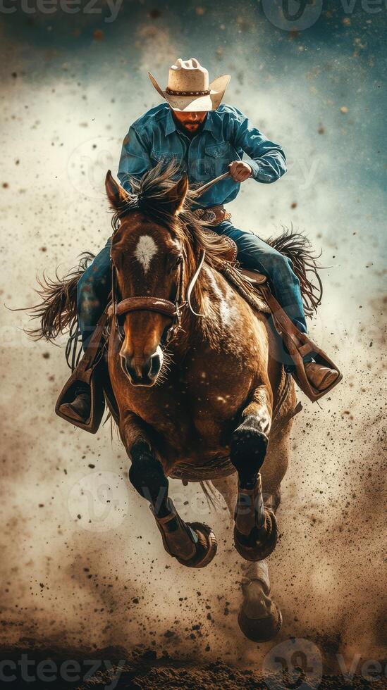 Rider demonstrates skillful control over horse while racing through dust on an open ranch photo