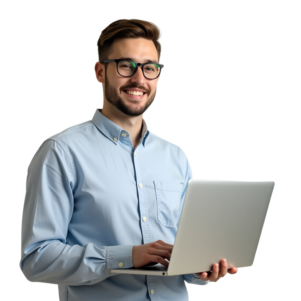 Confident Man in Glasses Working on Laptop Tech Office Concept png