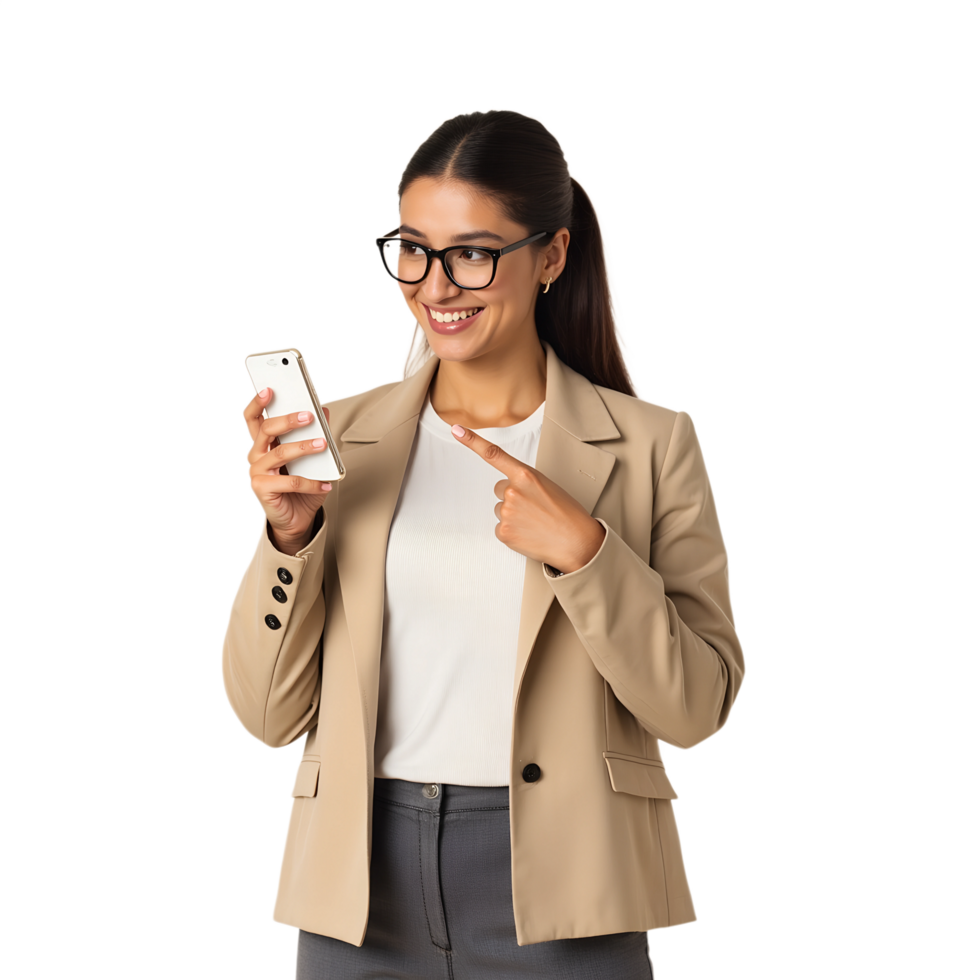 A woman in a business suit holding a smart phone png