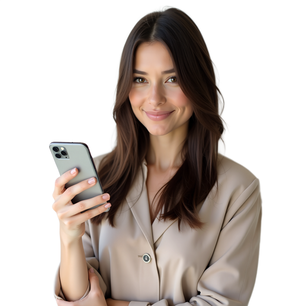 Businesswoman Checking Phone Ideal for Corporate Tech Branding png