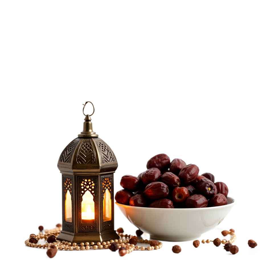 Ramadan Mubarak Concept Bowl of Dates with Ornate Lantern png