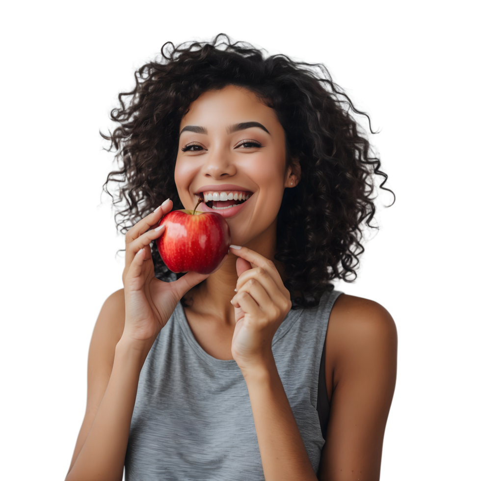Cheerful Woman in Athletic Wear Holding an Apple Health Happiness Concept png