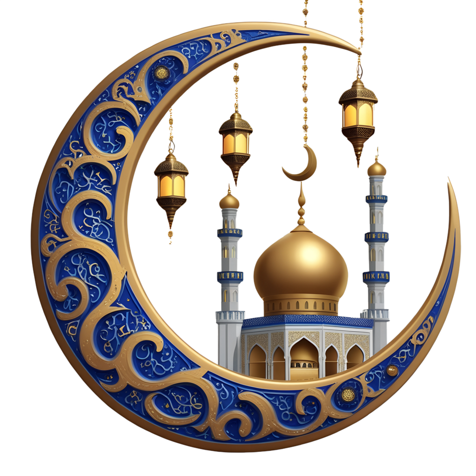 Golden Mosque Inside a Crescent Moon Stunning Islamic Art png