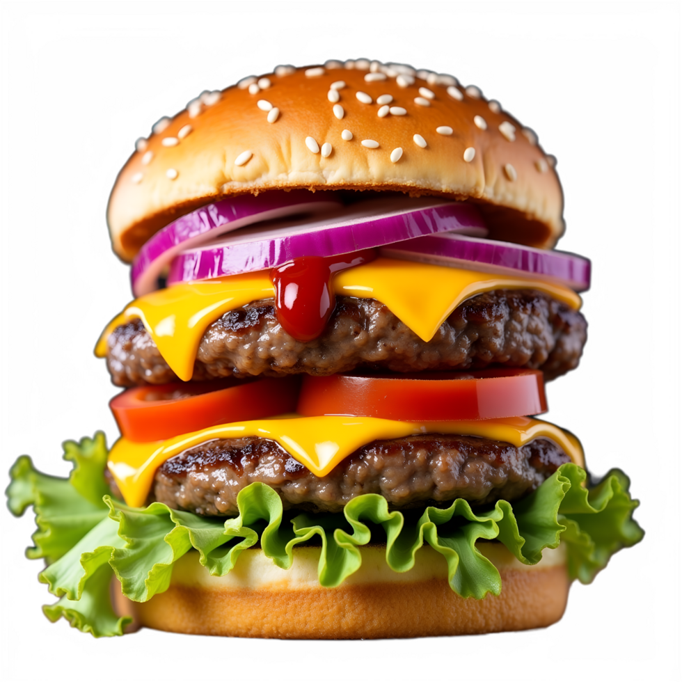 Juicy Beef Burger with Melted Cheese and Vegetables Perfect for Menu Ads png
