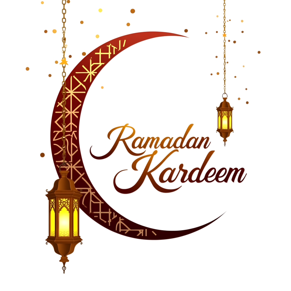 Elegant Ramadan Kareem Greeting with Crescent Moon Hanging Lanterns png