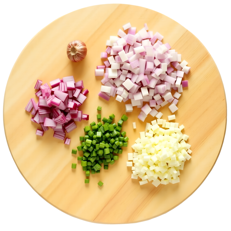 Freshly Chopped Red and White Onions on a Wooden Cutting Board png