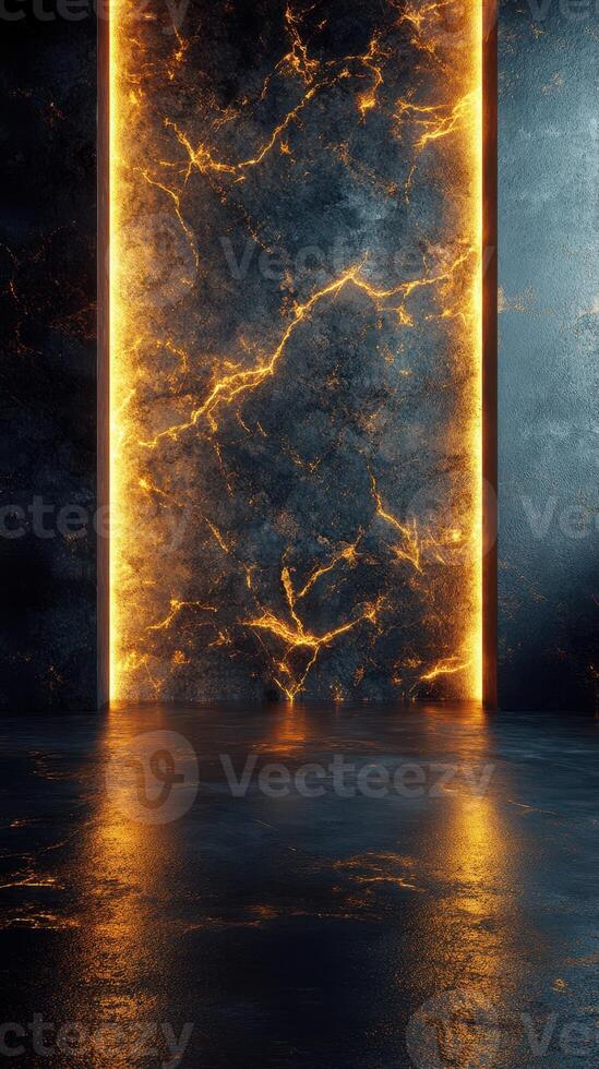 Unique illuminated wall with abstract patterns in a dark room showcasing vibrant orange and blue contrasts during nighttime photo