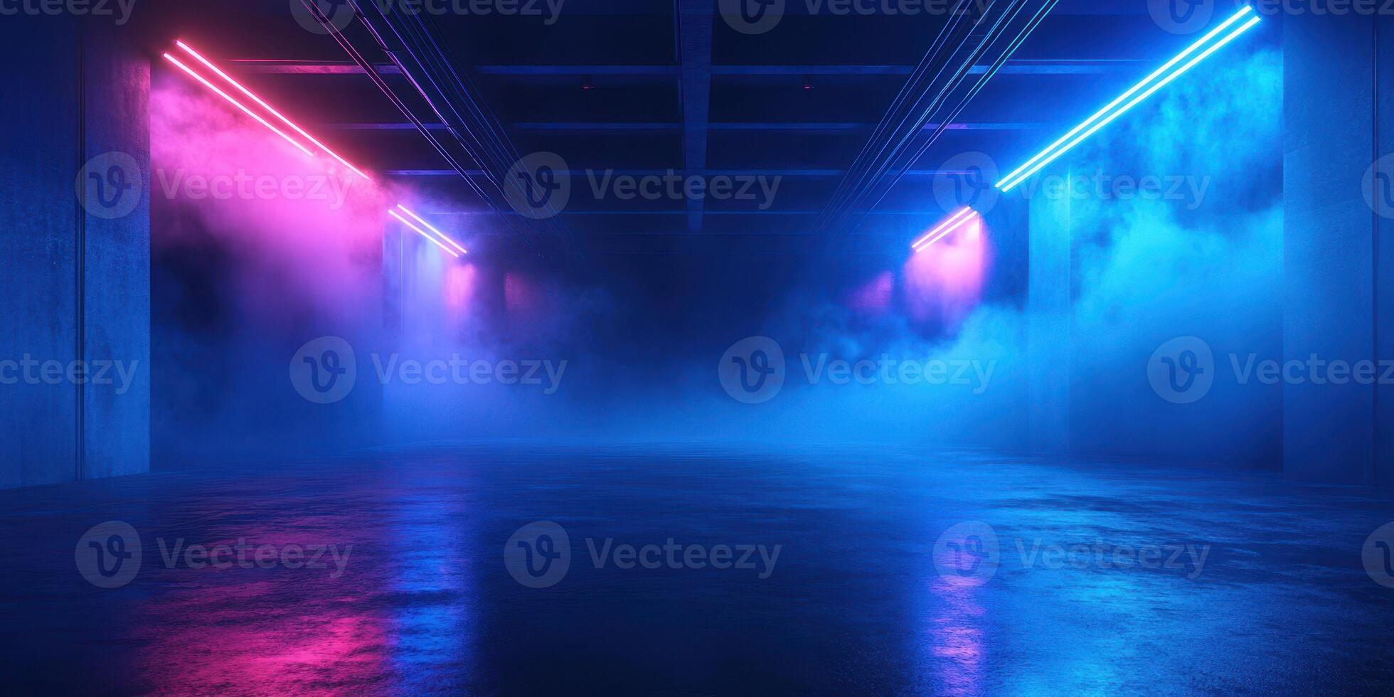 Vibrant neon lights illuminate a fog-filled space creating a dynamic atmosphere for events or performances photo