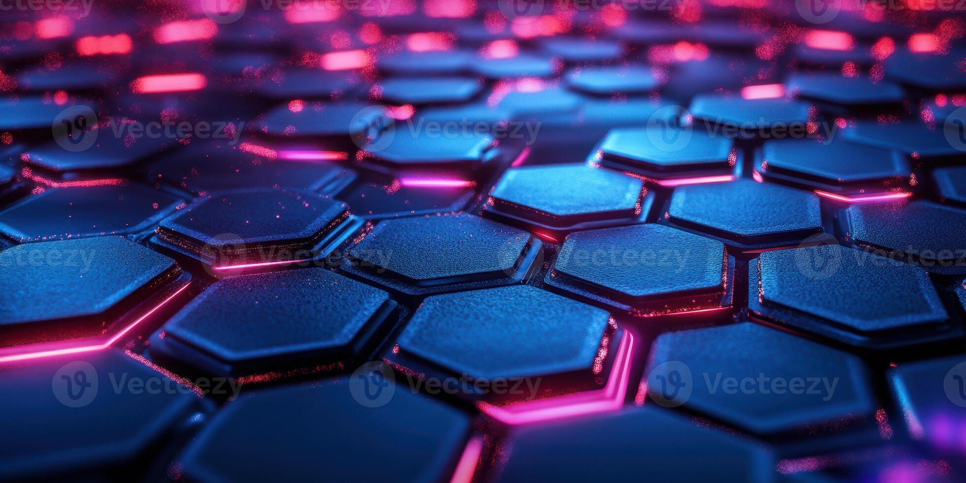 Vibrant hexagonal pattern illuminated by neon lights in a futuristic digital environment photo