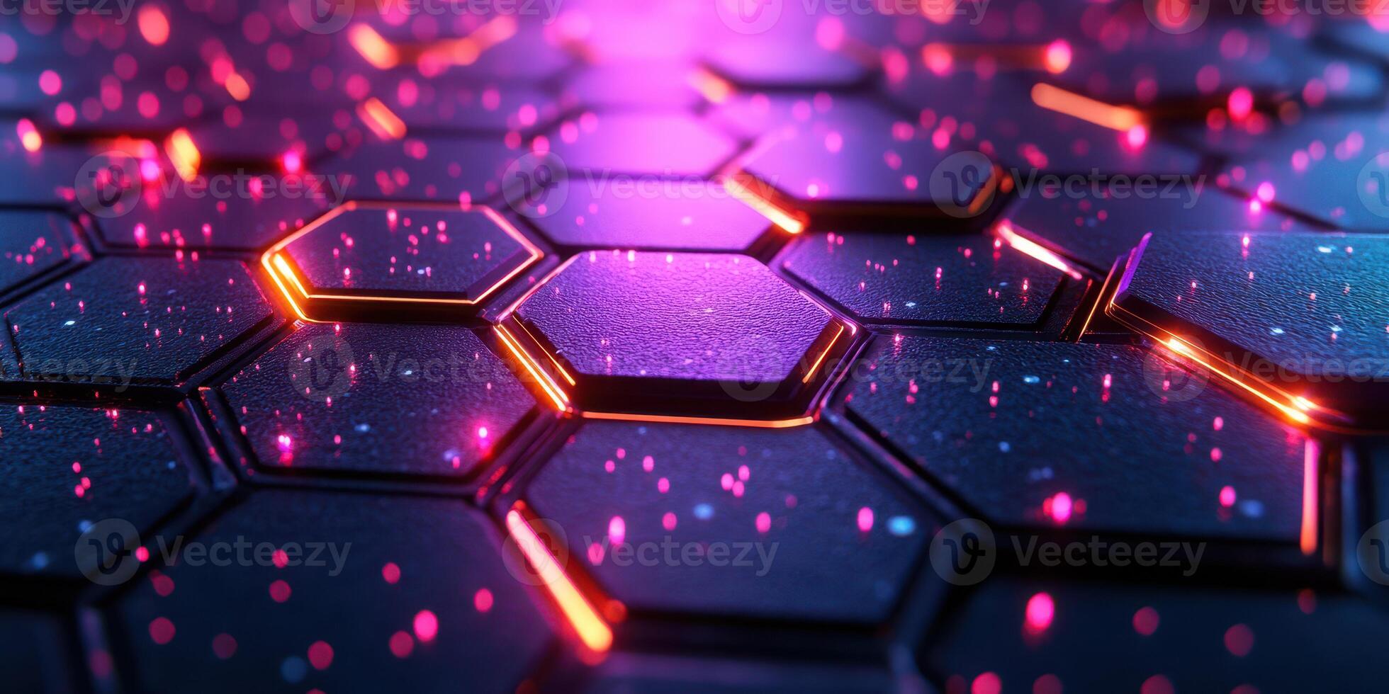 Hexagonal pattern illuminated by vibrant purple and orange lights creating a futuristic atmosphere photo