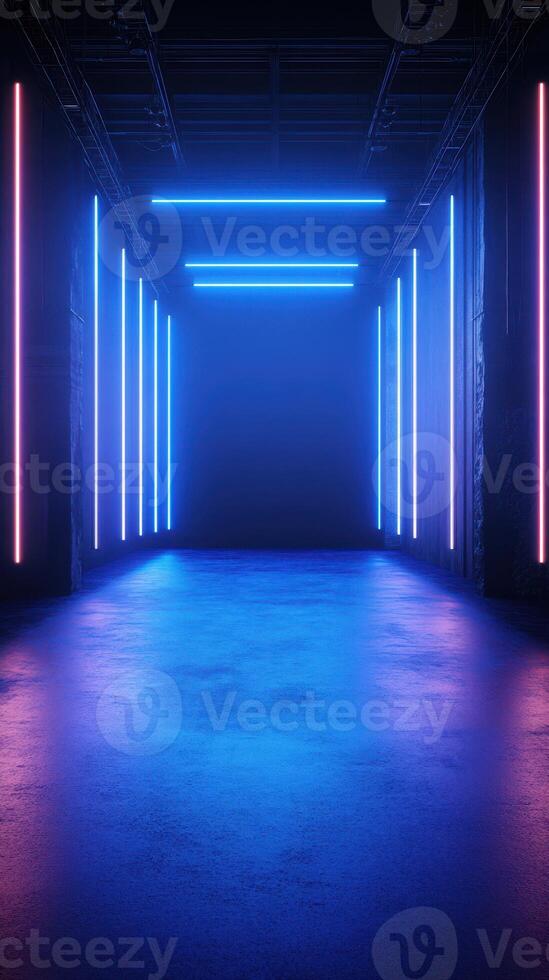 Vibrant neon lights illuminate a modern corridor in an industrial setting during nighttime photo
